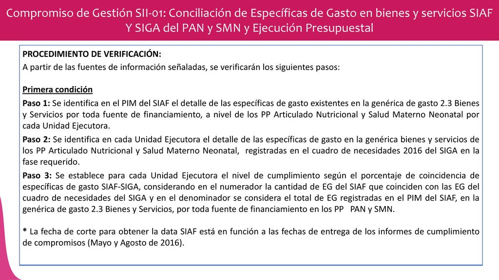 Compromiso de Gestión SII-01: Conciliación de Específicas de Gasto en bienes y servicios SIAF Y SIGA del PAN y SMN y Ejecución Presupuestal