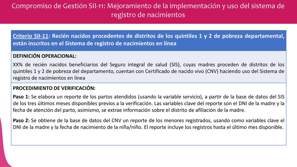 Compromiso de Gestión SII-11: Mejoramiento de la implementación y uso del sistema de registro de nacimientos