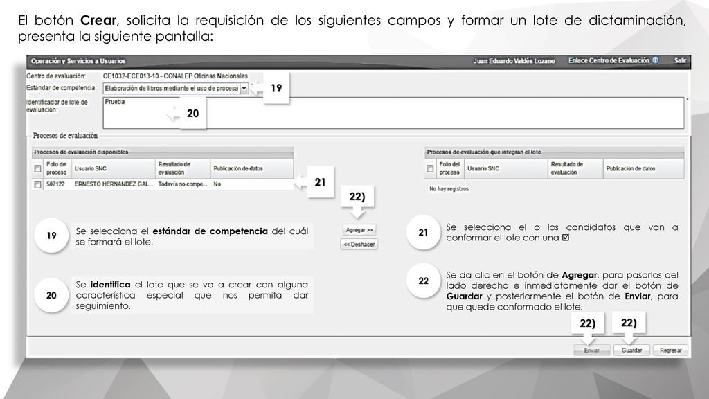 El botón Crear, solicita la requisición de los siguientes campos y formar un lote de dictaminación, presenta la siguiente pantalla: