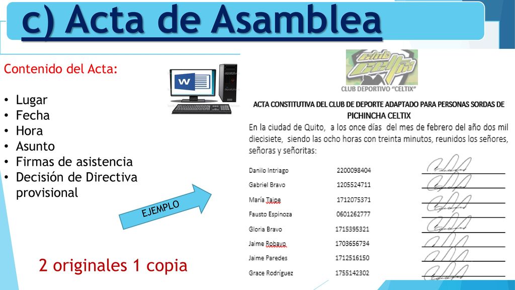c) Acta de Asamblea 2 originales 1 copia Contenido del Acta: Lugar