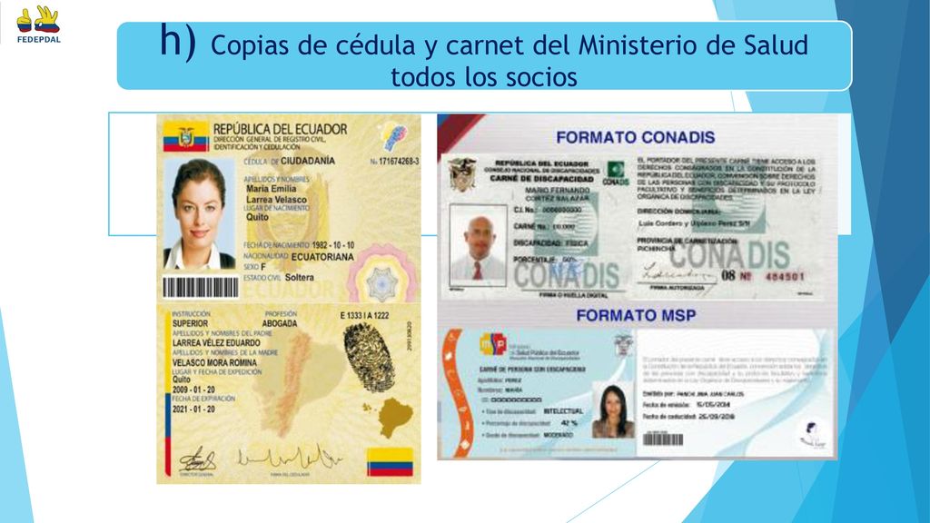 h) Copias de cédula y carnet del Ministerio de Salud todos los socios