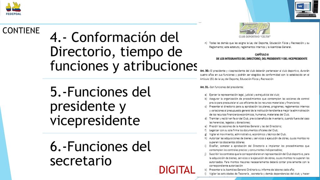 CONTIENE 4.- Conformación del Directorio, tiempo de funciones y atribuciones. 5.-Funciones del presidente y vicepresidente.