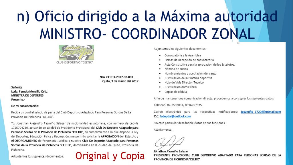 n) Oficio dirigido a la Máxima autoridad MINISTRO- COORDINADOR ZONAL