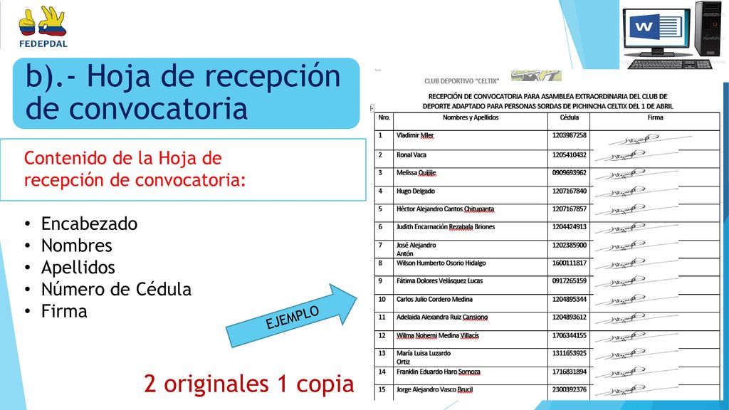 b).- Hoja de recepción de convocatoria