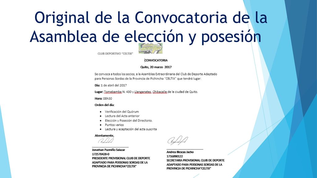 Original de la Convocatoria de la Asamblea de elección y posesión