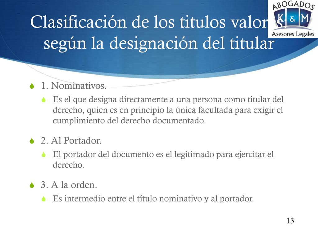 Clasificación de los titulos valores: según la designación del titular
