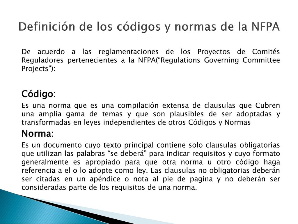 Definición de los códigos y normas de la NFPA