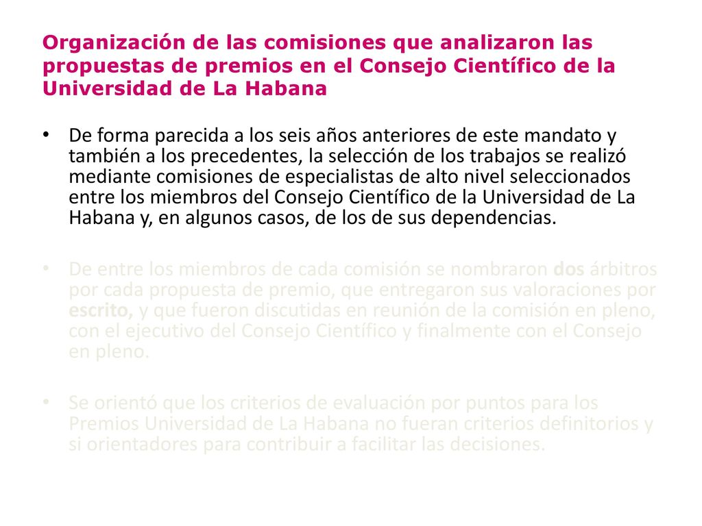 Organización de las comisiones que analizaron las propuestas de premios en el Consejo Científico de la Universidad de La Habana