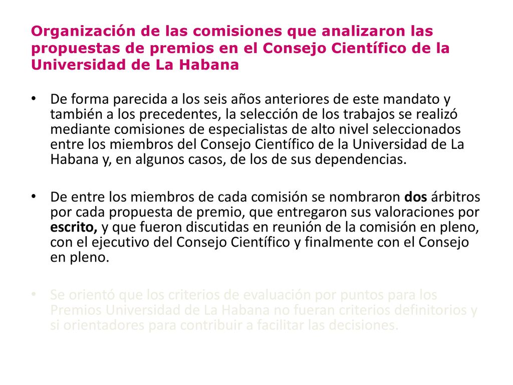 Organización de las comisiones que analizaron las propuestas de premios en el Consejo Científico de la Universidad de La Habana