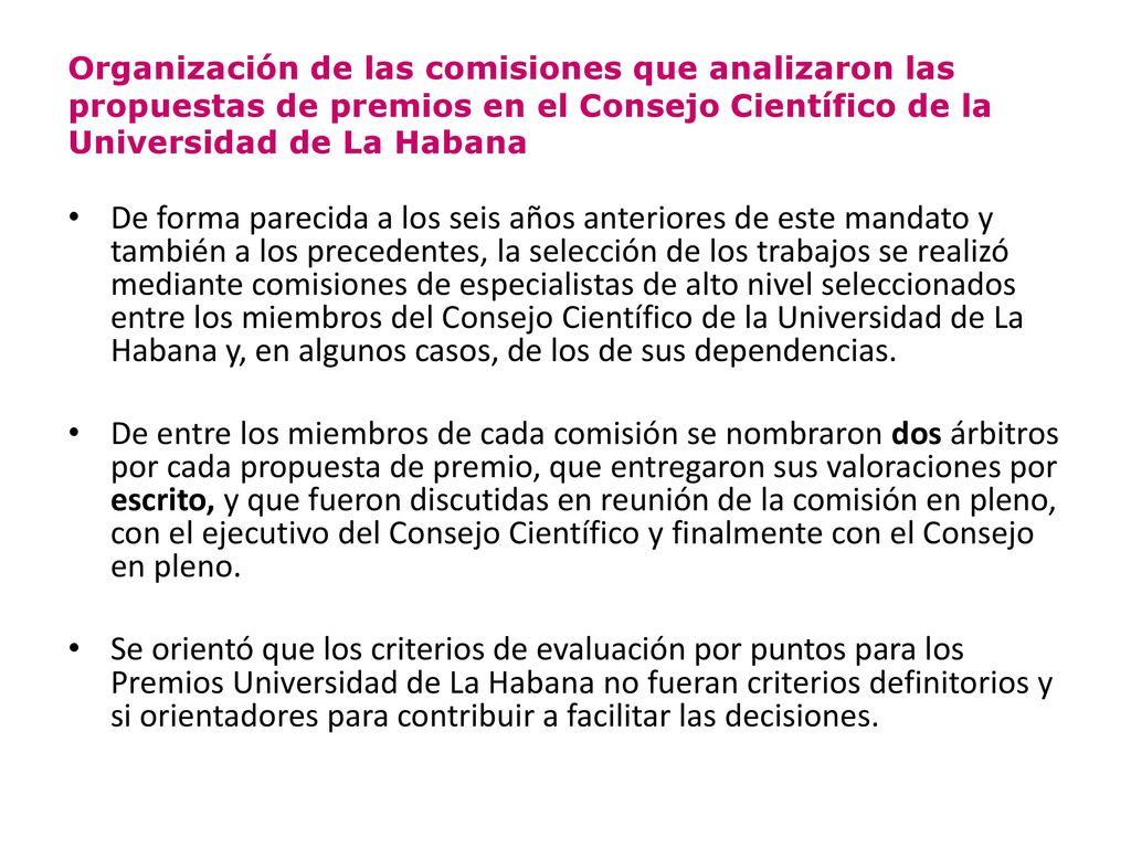 Organización de las comisiones que analizaron las propuestas de premios en el Consejo Científico de la Universidad de La Habana