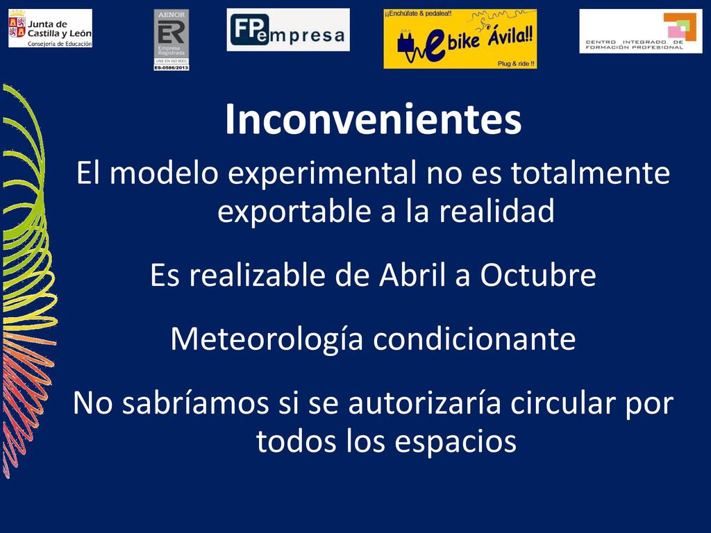 Inconvenientes El modelo experimental no es totalmente exportable a la realidad. Es realizable de Abril a Octubre.