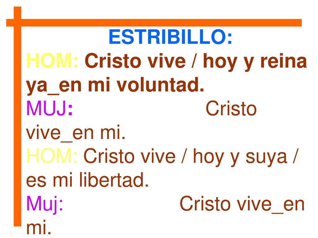 ESTRIBILLO: HOM: Cristo vive / hoy y reina ya_en mi voluntad. MUJ: Cristo vive_en mi.