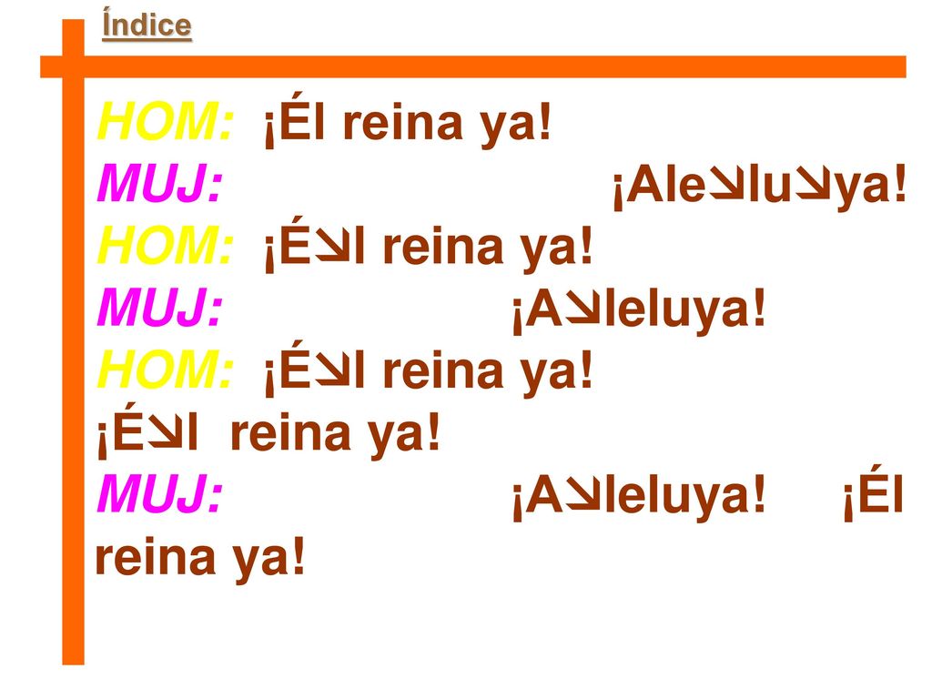 HOM: ¡Él reina ya! ¡Él reina ya! MUJ: ¡Aleluya! ¡Él reina ya!