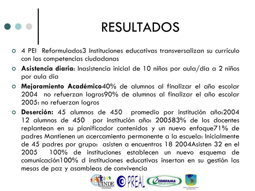 RESULTADOS 4 PEI Reformulados3 Instituciones educativas transversalizan su currículo con las competencias ciudadanas.