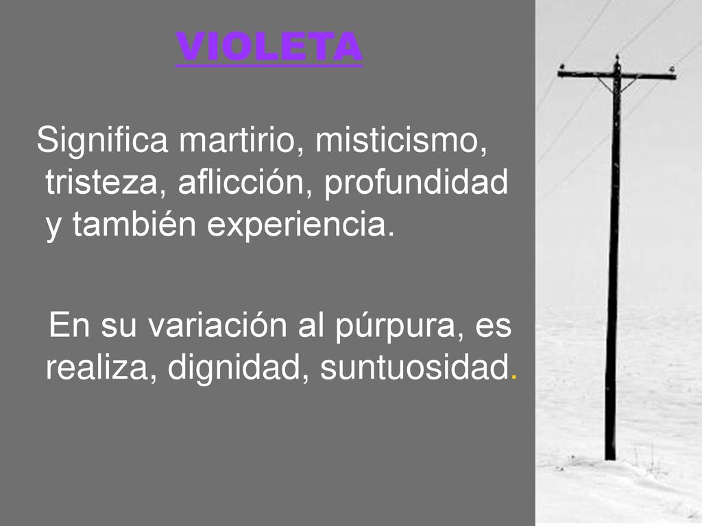 VIOLETA En su variación al púrpura, es realiza, dignidad, suntuosidad.
