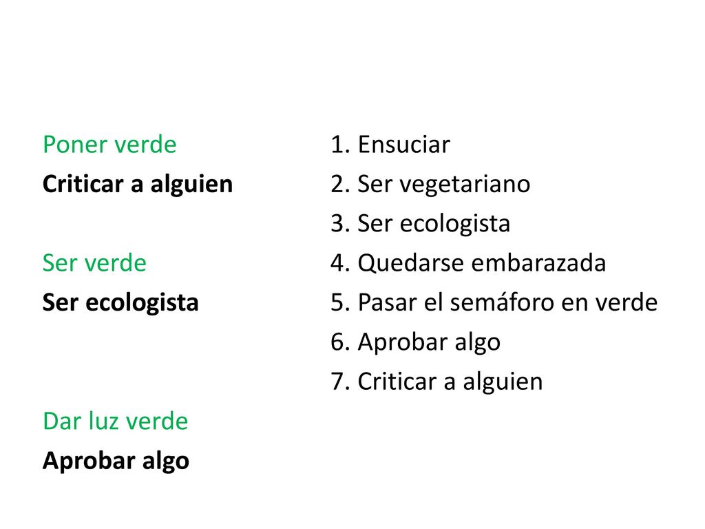 Poner verde Criticar a alguien Ser verde Ser ecologista Dar luz verde Aprobar algo