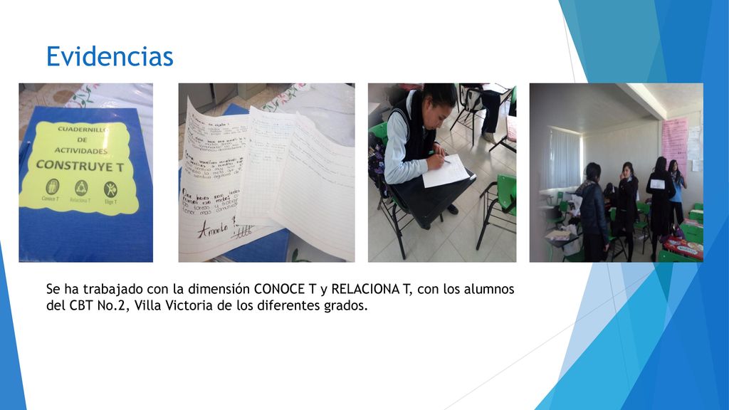 Evidencias Se ha trabajado con la dimensión CONOCE T y RELACIONA T, con los alumnos del CBT No.2, Villa Victoria de los diferentes grados.