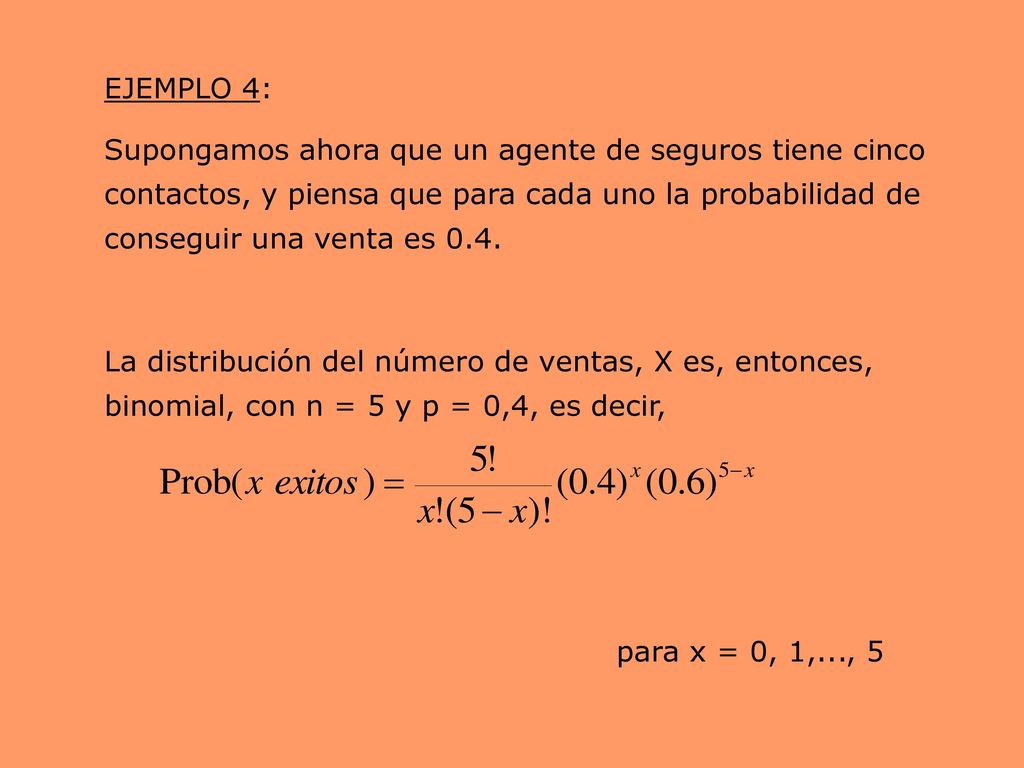 EJEMPLO 4: Supongamos ahora que un agente de seguros tiene cinco contactos, y piensa que para cada uno la probabilidad de conseguir una venta es 0.4.