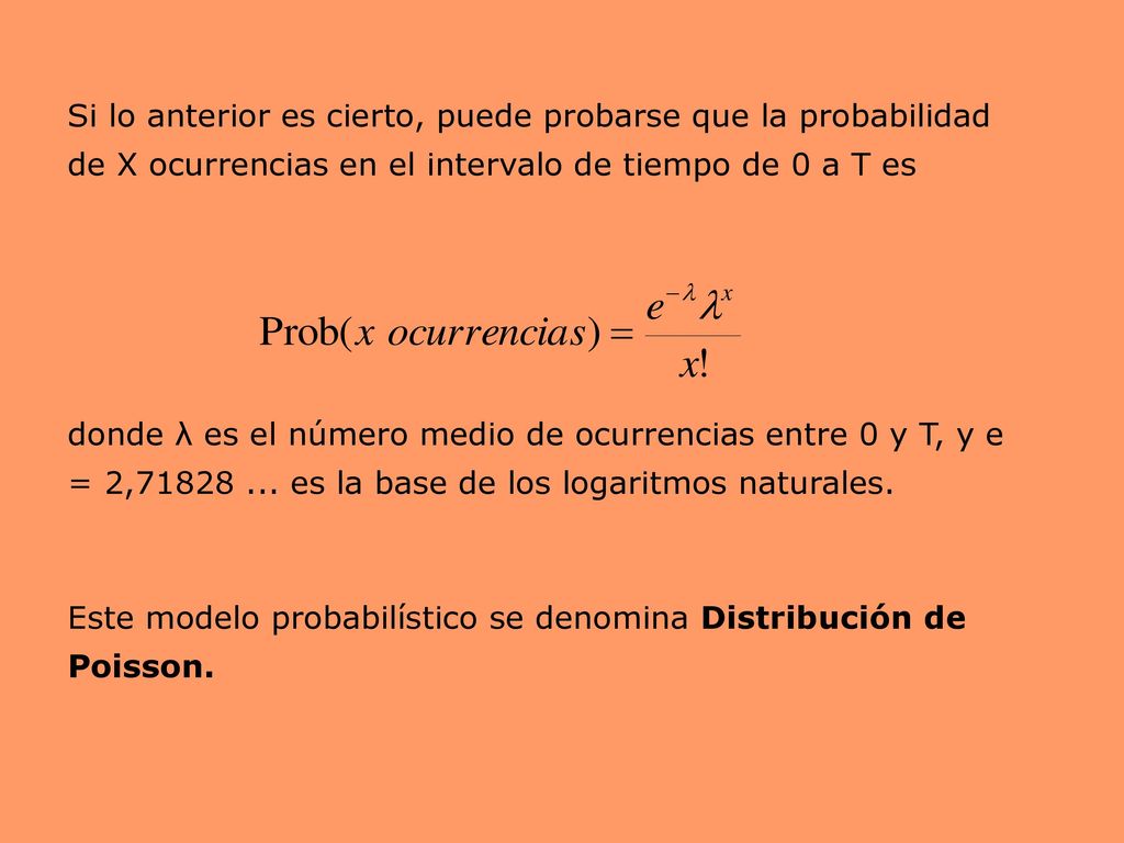 Si lo anterior es cierto, puede probarse que la probabilidad de X ocurrencias en el intervalo de tiempo de 0 a T es