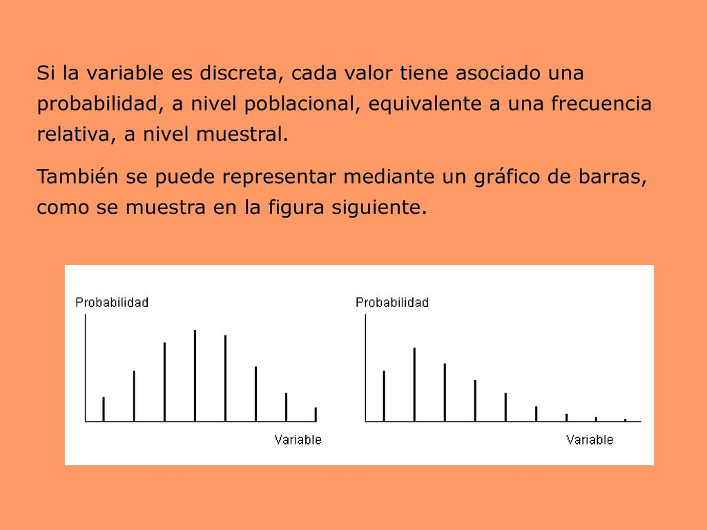 Si la variable es discreta, cada valor tiene asociado una probabilidad, a nivel poblacional, equivalente a una frecuencia relativa, a nivel muestral.