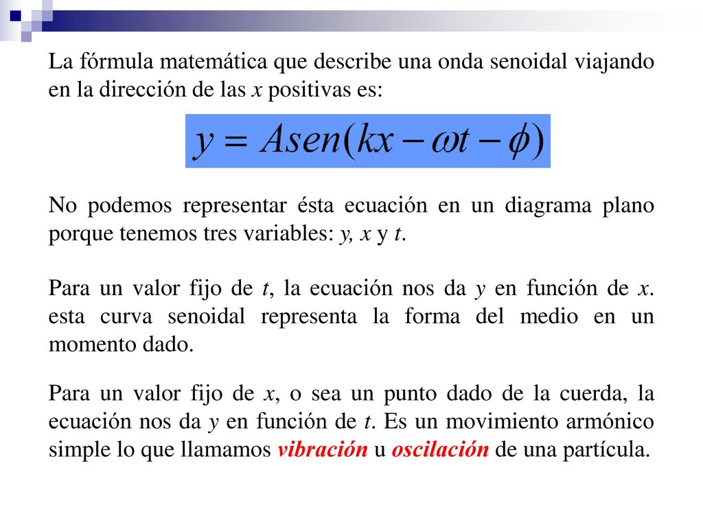 La fórmula matemática que describe una onda senoidal viajando en la dirección de las x positivas es: