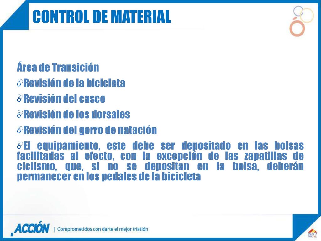 CONTROL DE MATERIAL Área de Transición Revisión de la bicicleta