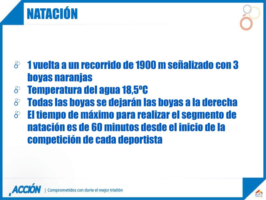 Natación 1 vuelta a un recorrido de 1900 m señalizado con 3 boyas naranjas. Temperatura del agua 18,5ºC.