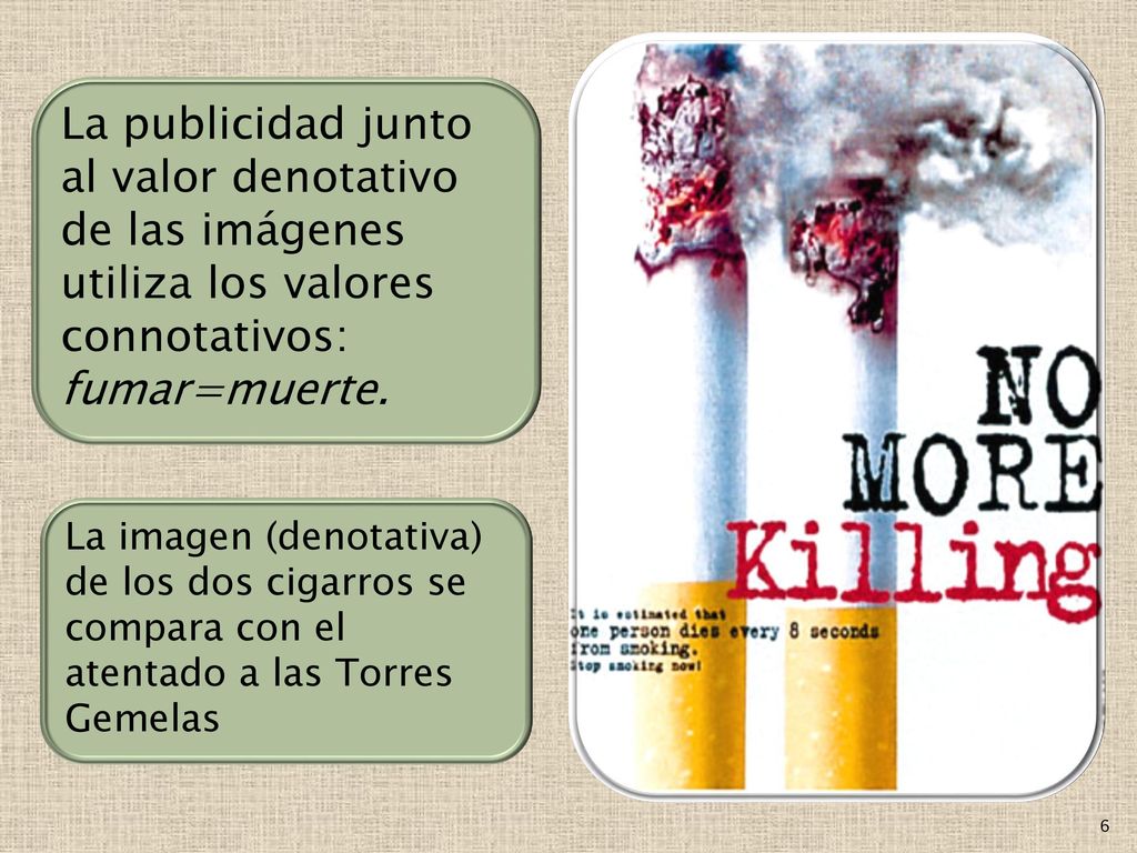 La publicidad junto al valor denotativo de las imágenes utiliza los valores connotativos: fumar=muerte.
