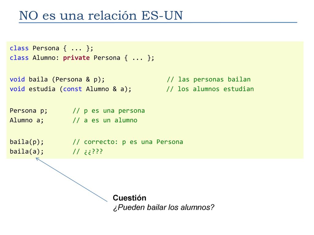 Derivación privada class <clase Derivada> : private <clase Base> REGLA I*. NO hay conversión implícita UPCAST del compilador.