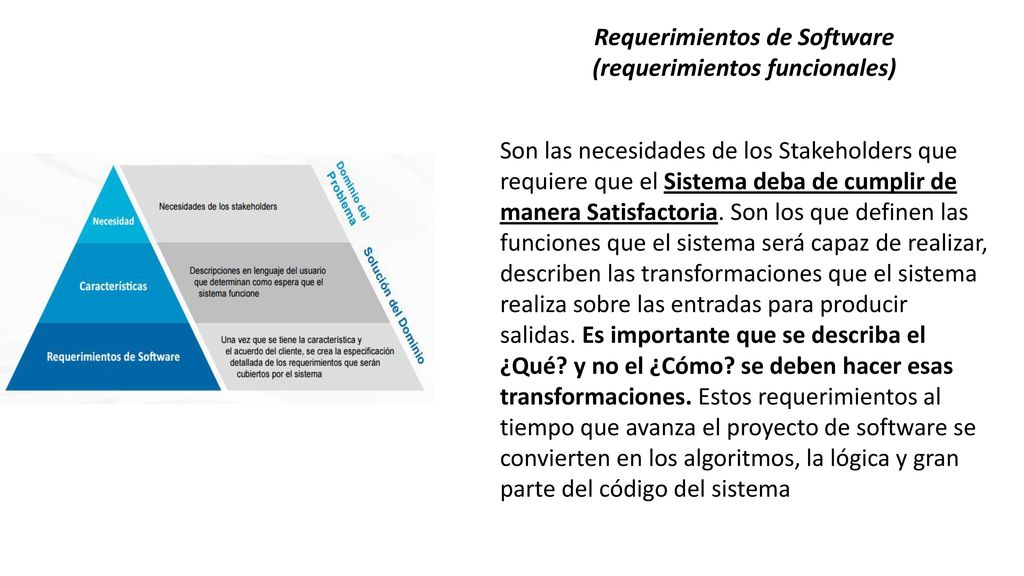 Requerimientos de Software (requerimientos funcionales) Son las necesidades de los Stakeholders que requiere que el Sistema deba de cumplir de manera Satisfactoria.