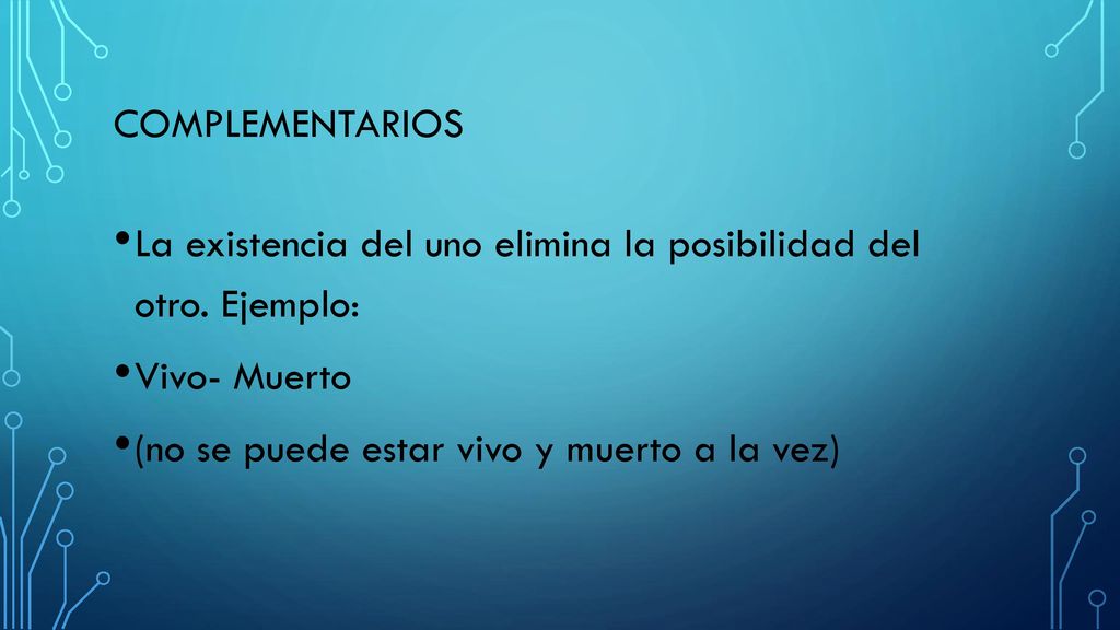 complementarios La existencia del uno elimina la posibilidad del otro.