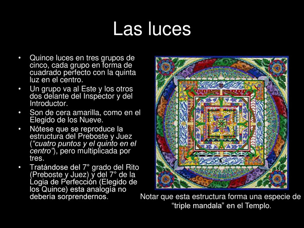 Las luces Quince luces en tres grupos de cinco, cada grupo en forma de cuadrado perfecto con la quinta luz en el centro.