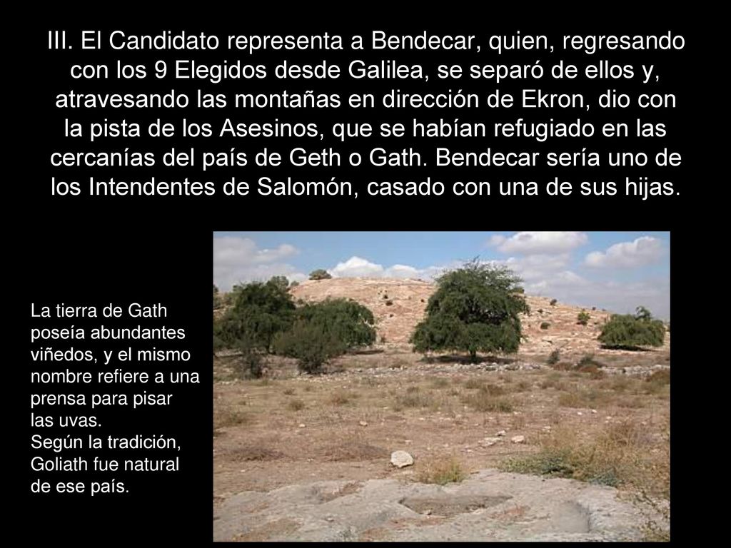 III. El Candidato representa a Bendecar, quien, regresando con los 9 Elegidos desde Galilea, se separó de ellos y, atravesando las montañas en dirección de Ekron, dio con la pista de los Asesinos, que se habían refugiado en las cercanías del país de Geth o Gath. Bendecar sería uno de los Intendentes de Salomón, casado con una de sus hijas.