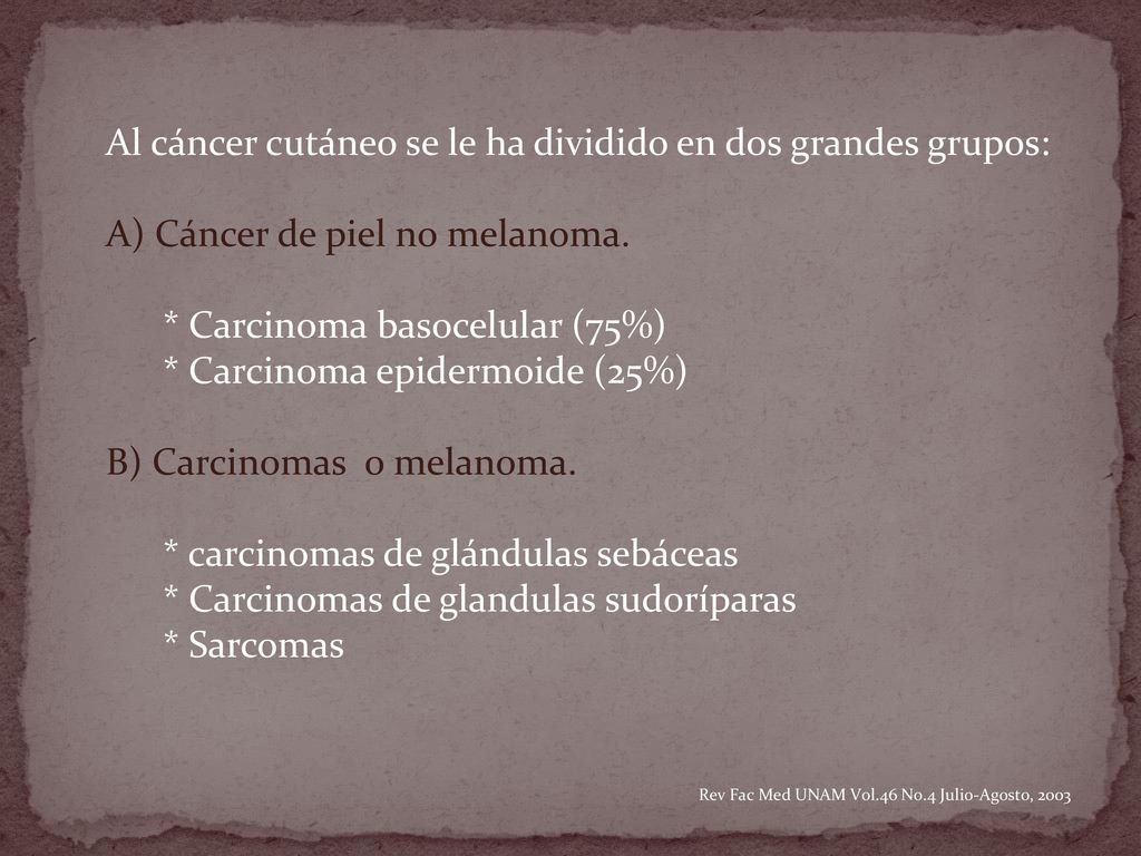 Al cáncer cutáneo se le ha dividido en dos grandes grupos: