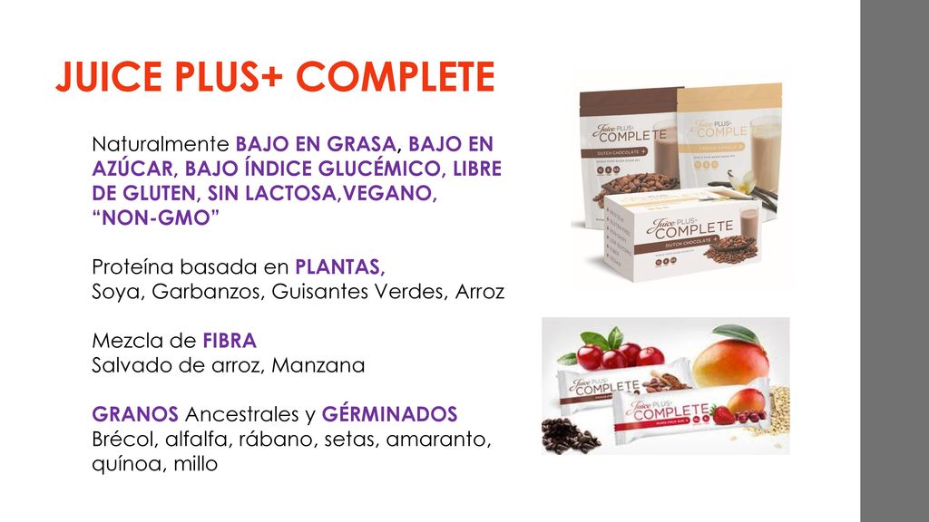 JUICE PLUS+ COMPLETE Naturalmente BAJO EN GRASA, BAJO EN AZÚCAR, BAJO ÍNDICE GLUCÉMICO, LIBRE DE GLUTEN, SIN LACTOSA,VEGANO, NON-GMO