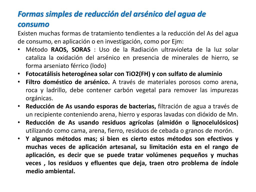 Formas simples de reducción del arsénico del agua de consumo