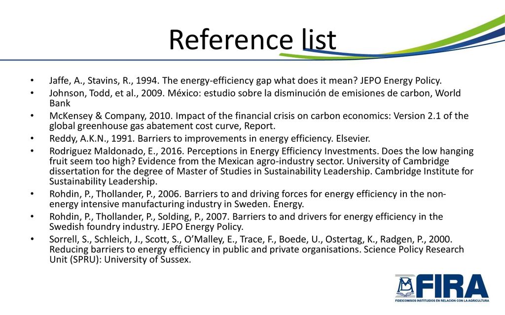 Reference list Jaffe, A., Stavins, R., The energy-efficiency gap what does it mean JEPO Energy Policy.