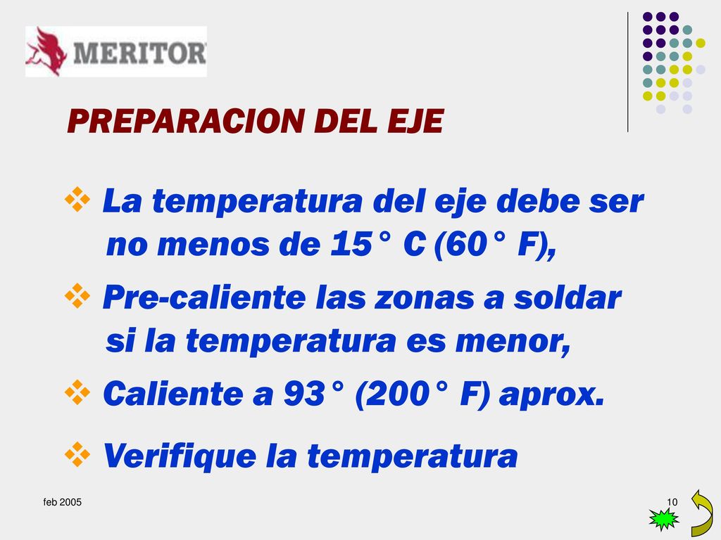 La temperatura del eje debe ser no menos de 15° C (60° F),