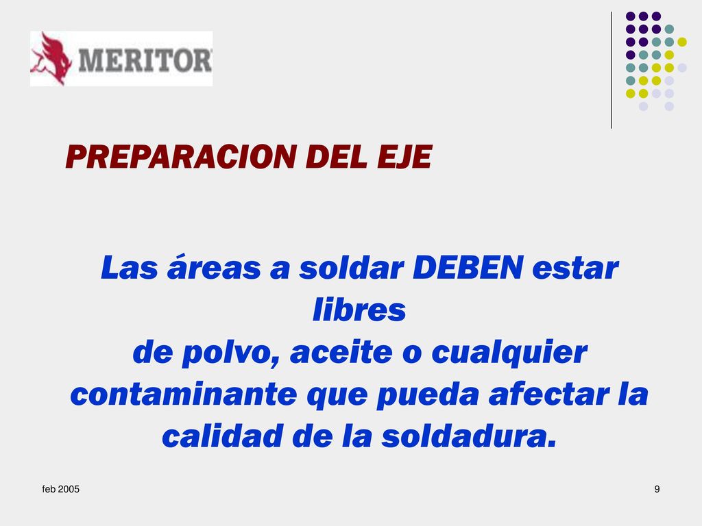 Las áreas a soldar DEBEN estar libres de polvo, aceite o cualquier