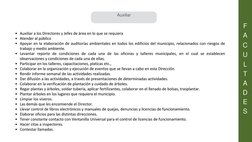 F A. C. U. L. T. D. E. S. Auxiliar. Auxiliar a los Directores y Jefes de área en lo que se requiera.
