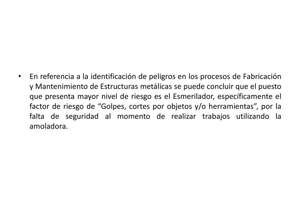 En referencia a la identificación de peligros en los procesos de Fabricación y Mantenimiento de Estructuras metálicas se puede concluir que el puesto que presenta mayor nivel de riesgo es el Esmerilador, específicamente el factor de riesgo de Golpes, cortes por objetos y/o herramientas , por la falta de seguridad al momento de realizar trabajos utilizando la amoladora.