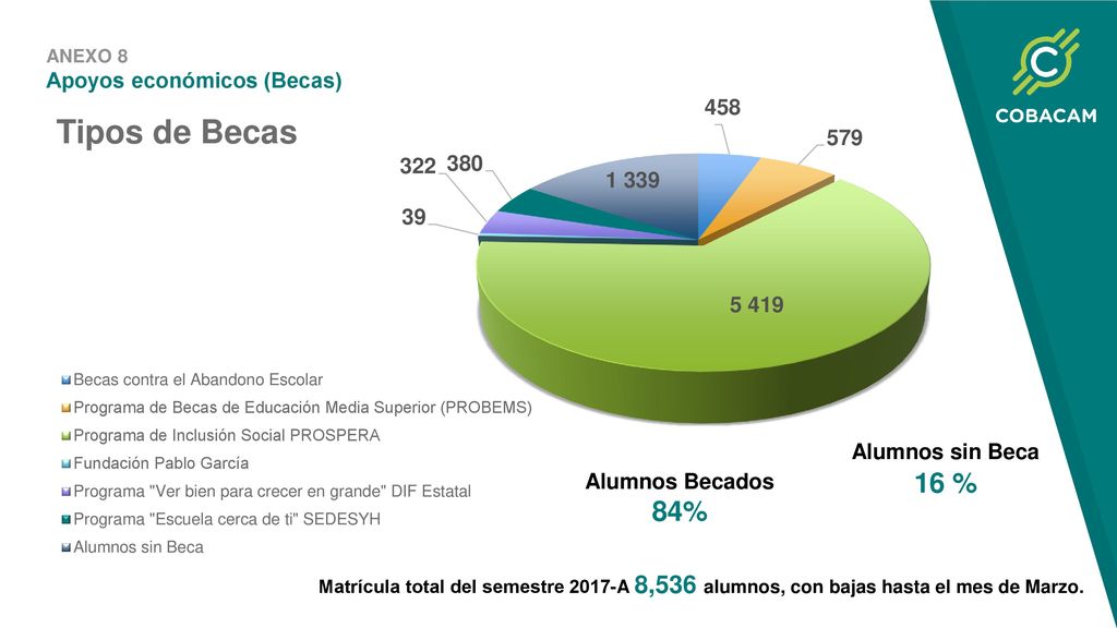 84% Apoyos económicos (Becas) Alumnos sin Beca 16 % Alumnos Becados