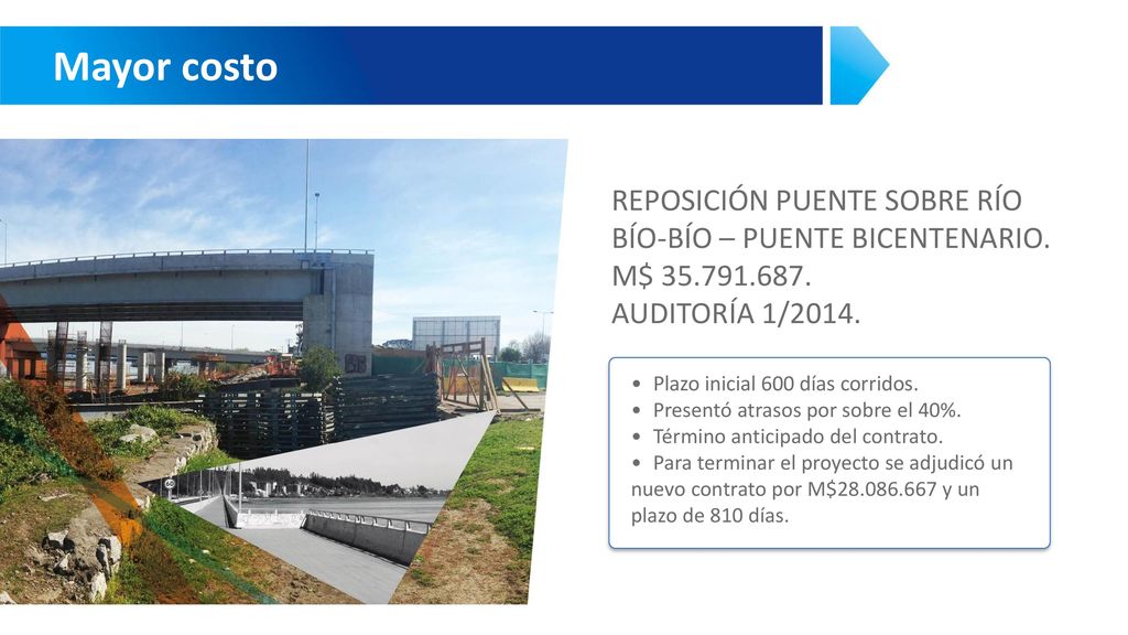 Mayor costo REPOSICIÓN PUENTE SOBRE RÍO BÍO-BÍO – PUENTE BICENTENARIO.