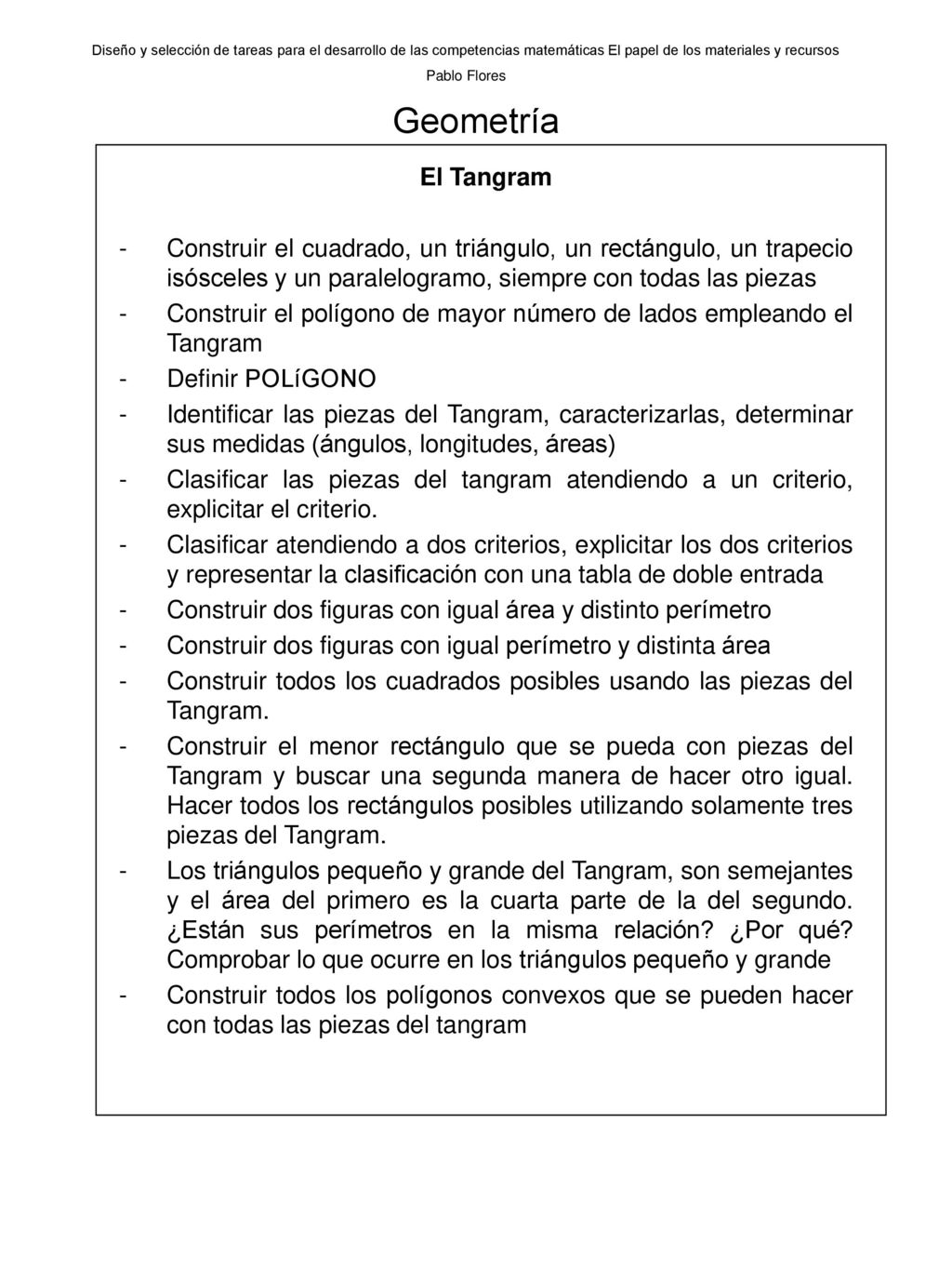 Diseño y selección de tareas para el desarrollo de las competencias matemáticas El papel de los materiales y recursos