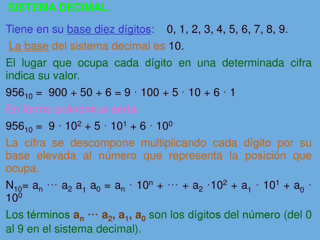 Tiene en su base diez dígitos: 0, 1, 2, 3, 4, 5, 6, 7, 8, 9.