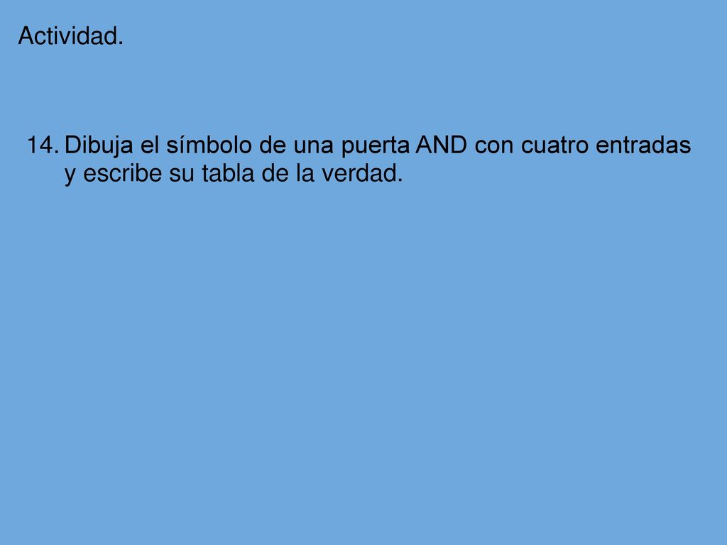 Actividad. Dibuja el símbolo de una puerta AND con cuatro entradas y escribe su tabla de la verdad.