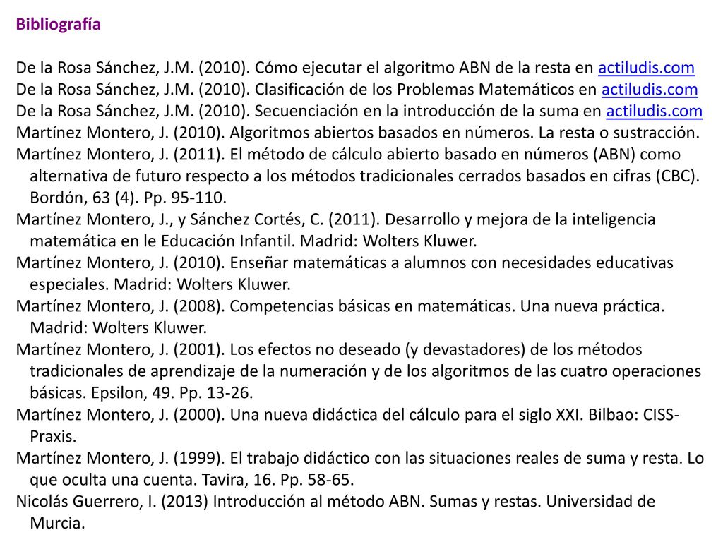 Bibliografía De la Rosa Sánchez, J.M. (2010). Cómo ejecutar el algoritmo ABN de la resta en actiludis.com.