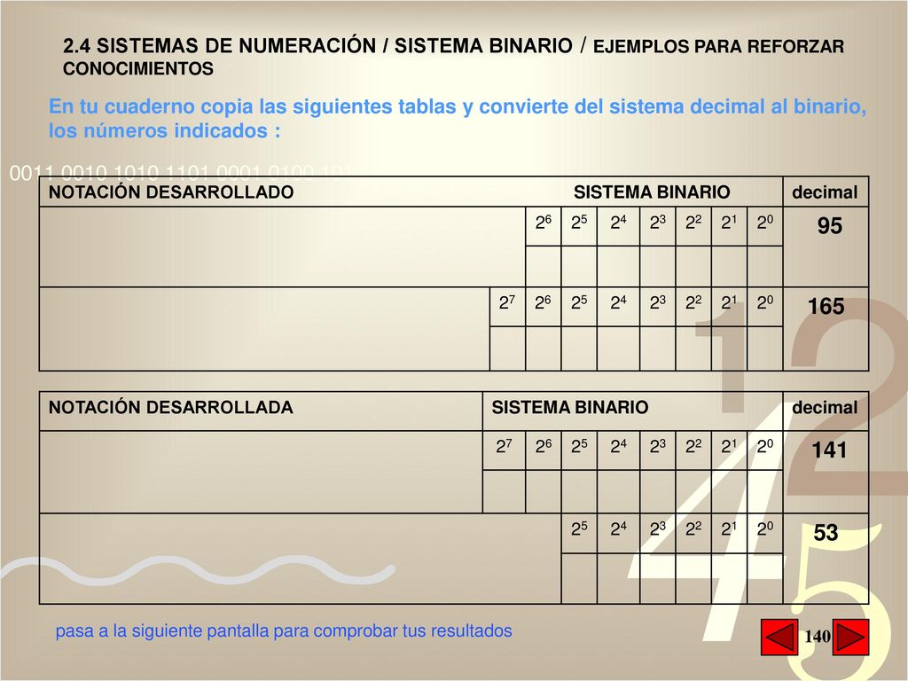 2.4 SISTEMAS DE NUMERACIÓN / SISTEMA BINARIO / EJEMPLOS PARA REFORZAR CONOCIMIENTOS