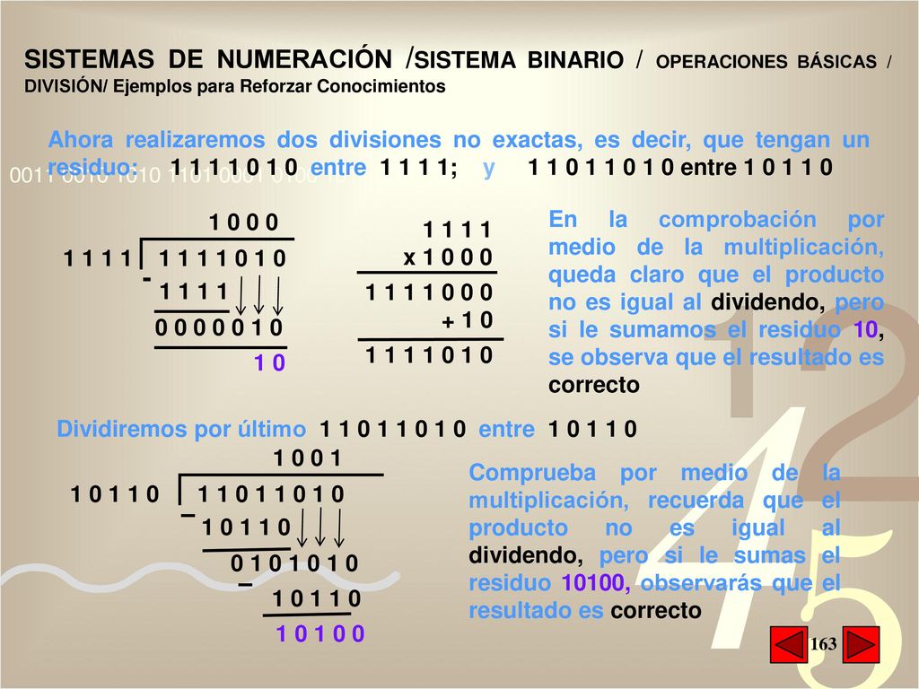 SISTEMAS DE NUMERACIÓN /SISTEMA BINARIO / OPERACIONES BÁSICAS / DIVISIÓN/ Ejemplos para Reforzar Conocimientos