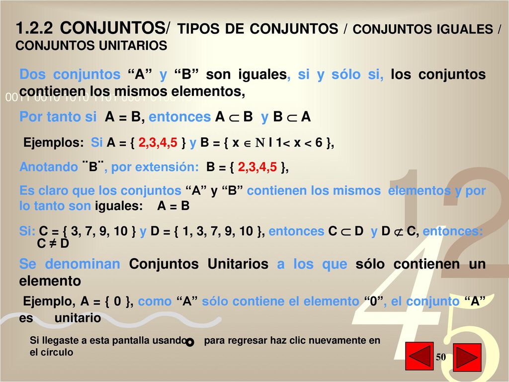 1.2.2 CONJUNTOS/ TIPOS DE CONJUNTOS / CONJUNTOS IGUALES / CONJUNTOS UNITARIOS